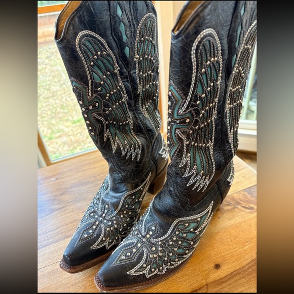 Corral A1048 Black Turquoise Wing Cross Studded Snip Toe Cowgirl Boots 9.5M - Picture 4 of 14